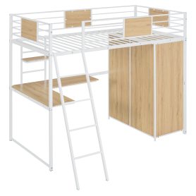 Metal Twin Size Loft Bed With L-shape Desk And Wardrobe