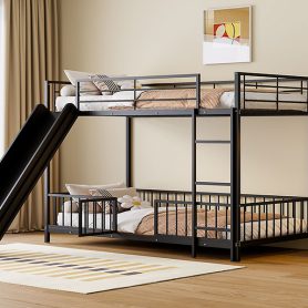 Twin over Twin Size Metal Bunk Bed with Slide and Guardrails