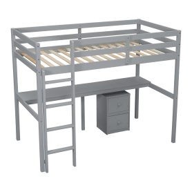 Twin Loft Wood Bed with Under-bed, Built-in Desk, a Storage Cabinet of 2 Drawers, Guardrails, Ladder