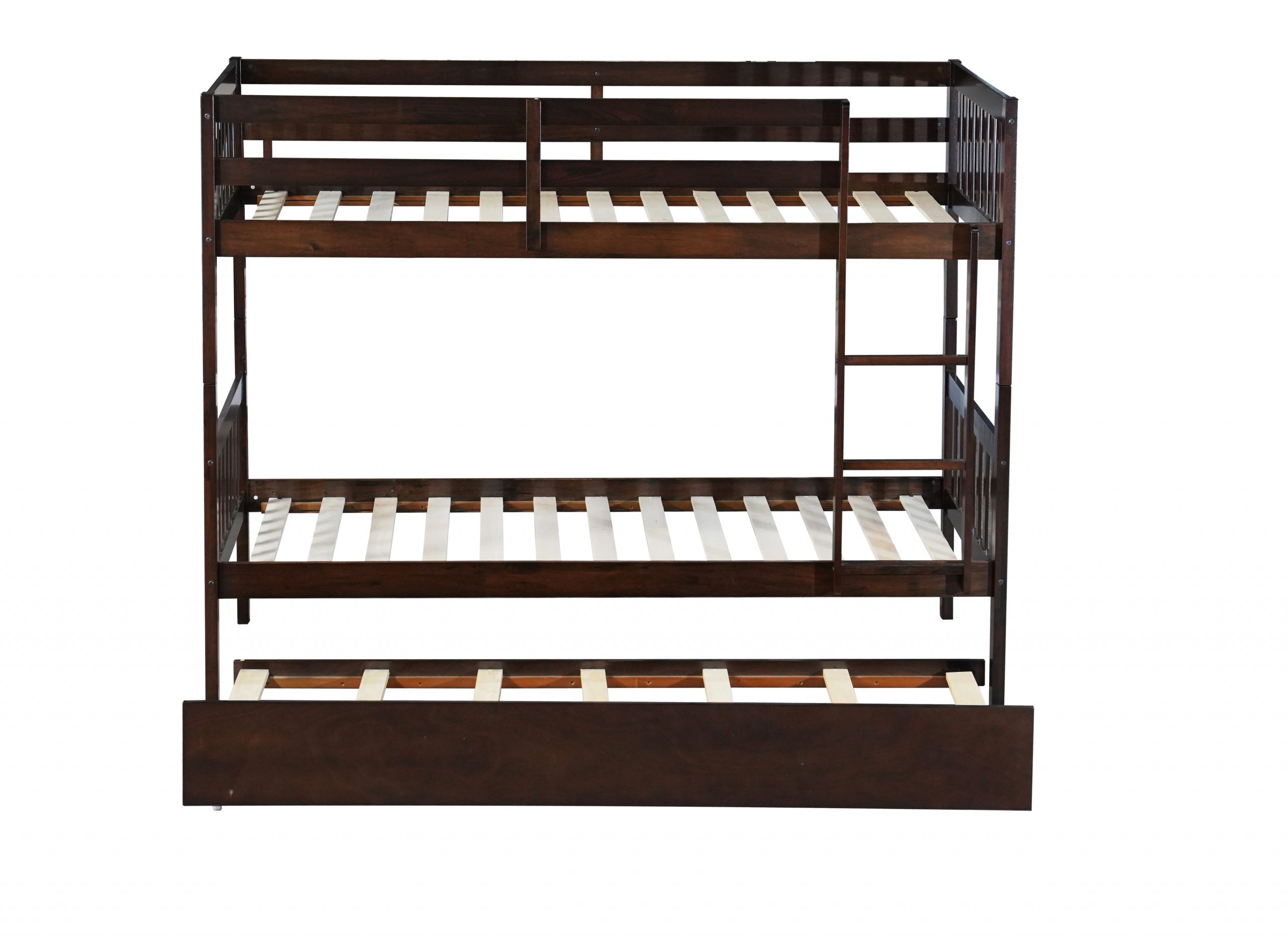 Twin Over Twin Rubber Wood Bunk Bed With Trundle, Ladder and Safety Guardrails, Convertible Into 2 Twin Size Beds