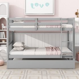 Twin Over Twin Rubber Wood Bunk Bed With Trundle, Ladder and Safety Guardrails, Convertible Into 2 Twin Size Beds