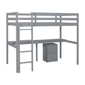 Twin Loft Wood Bed with Under-bed, Built-in Desk, a Storage Cabinet of 2 Drawers, Guardrails, Ladder