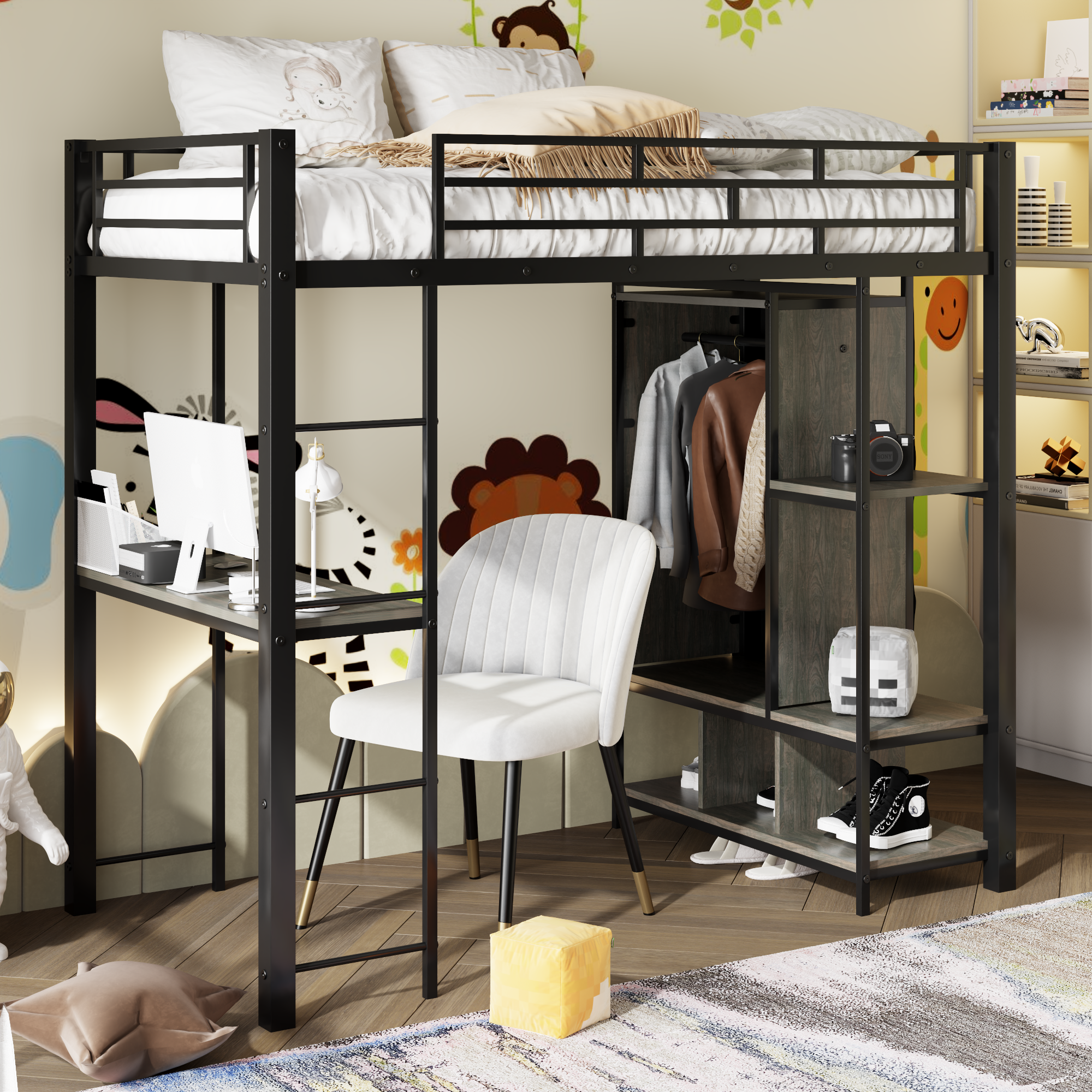 Twin Size Metal Loft Bed with Built-in Wardrobe, Desk and Shelves