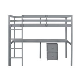 Twin Loft Wood Bed with Under-bed, Built-in Desk, a Storage Cabinet of 2 Drawers, Guardrails, Ladder