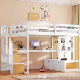Full Size Loft Bed with Desk and Shelves, Two Built-in Drawers and Storage Staircase