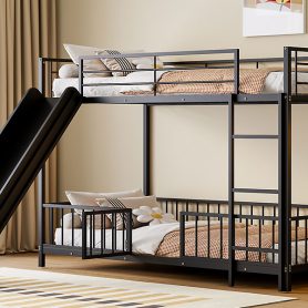 Twin over Twin Size Metal Bunk Bed with Slide and Guardrails