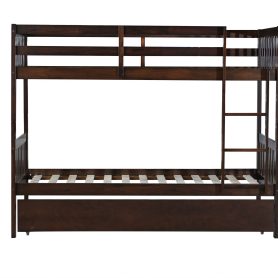 Twin Over Twin Rubber Wood Bunk Bed With Trundle, Ladder and Safety Guardrails