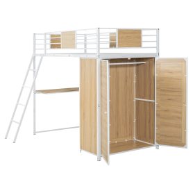 Metal Twin Size Loft Bed With L-shape Desk And Wardrobe