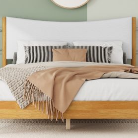 Queen Size  Rubber Wooden Bed With Teddy Velvet Cushion Upholstered Headboard