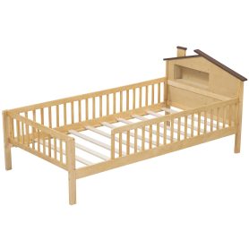 Twin Size Wood Platform Bed With House-shaped Headboard, LED And Built-in Storage