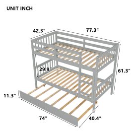 Twin Over Twin Rubber Wood Bunk Bed With Trundle, Ladder and Safety Guardrails, Convertible Into 2 Twin Size Beds