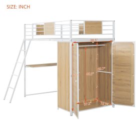 Metal Twin Size Loft Bed With L-shape Desk And Wardrobe