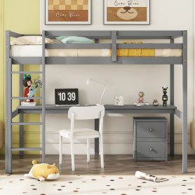 Twin Loft Wood Bed with Under-bed, Built-in Desk, a Storage Cabinet of 2 Drawers, Guardrails, Ladder