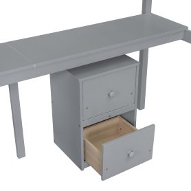 Twin Loft Wood Bed with Under-bed, Built-in Desk, a Storage Cabinet of 2 Drawers, Guardrails, Ladder