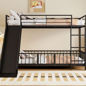 Twin over Twin Size Metal Bunk Bed with Slide and Guardrails