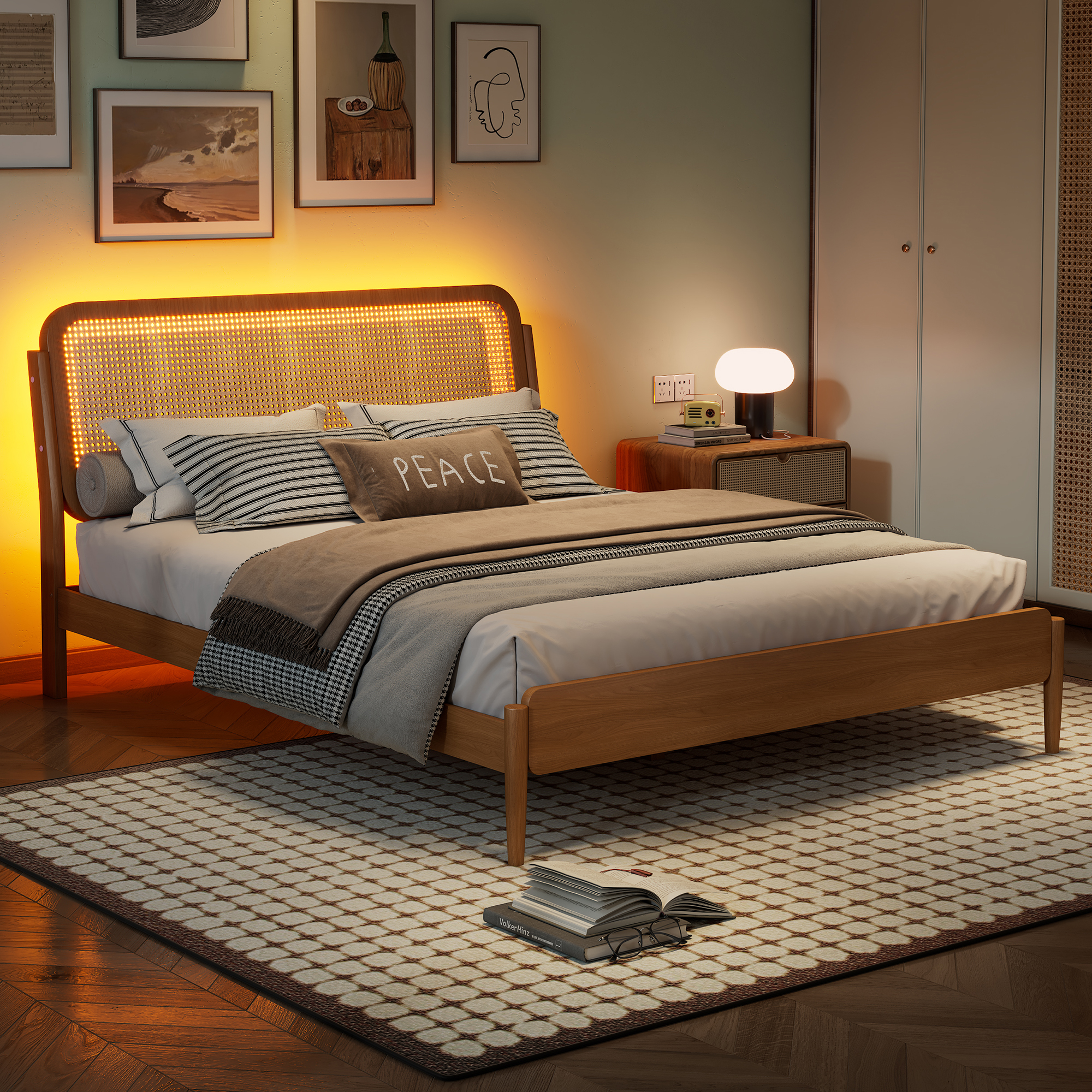 Queen Size Wood Storage Platform Bed with LED Light, Rattan Headboard