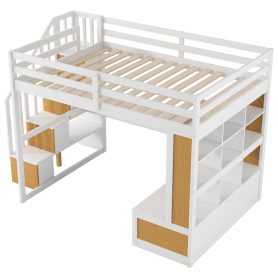 Full Size Loft Bed with Desk and Shelves, Two Built-in Drawers and Storage Staircase