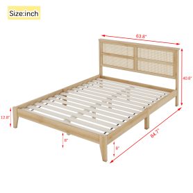 Queen Size Rubber Wooden Bed With Rattan Headboard