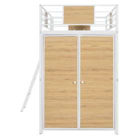 Metal Twin Size Loft Bed With L-shape Desk And Wardrobe