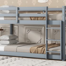 Solid Rubber Wooden Twin over Twin Loft Bed with Ladder, Bed Platform of Strengthened Slats