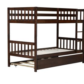 Twin Over Twin Rubber Wood Bunk Bed With Trundle, Ladder and Safety Guardrails