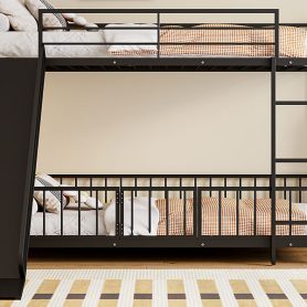 Twin over Twin Size Metal Bunk Bed with Slide and Guardrails