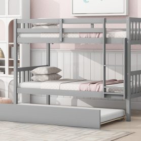 Twin Over Twin Rubber Wood Bunk Bed With Trundle, Ladder and Safety Guardrails, Convertible Into 2 Twin Size Beds