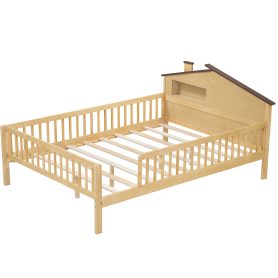 Full Size Wood Platform Bed With House-shaped Headboard, Led And Built-in Storage