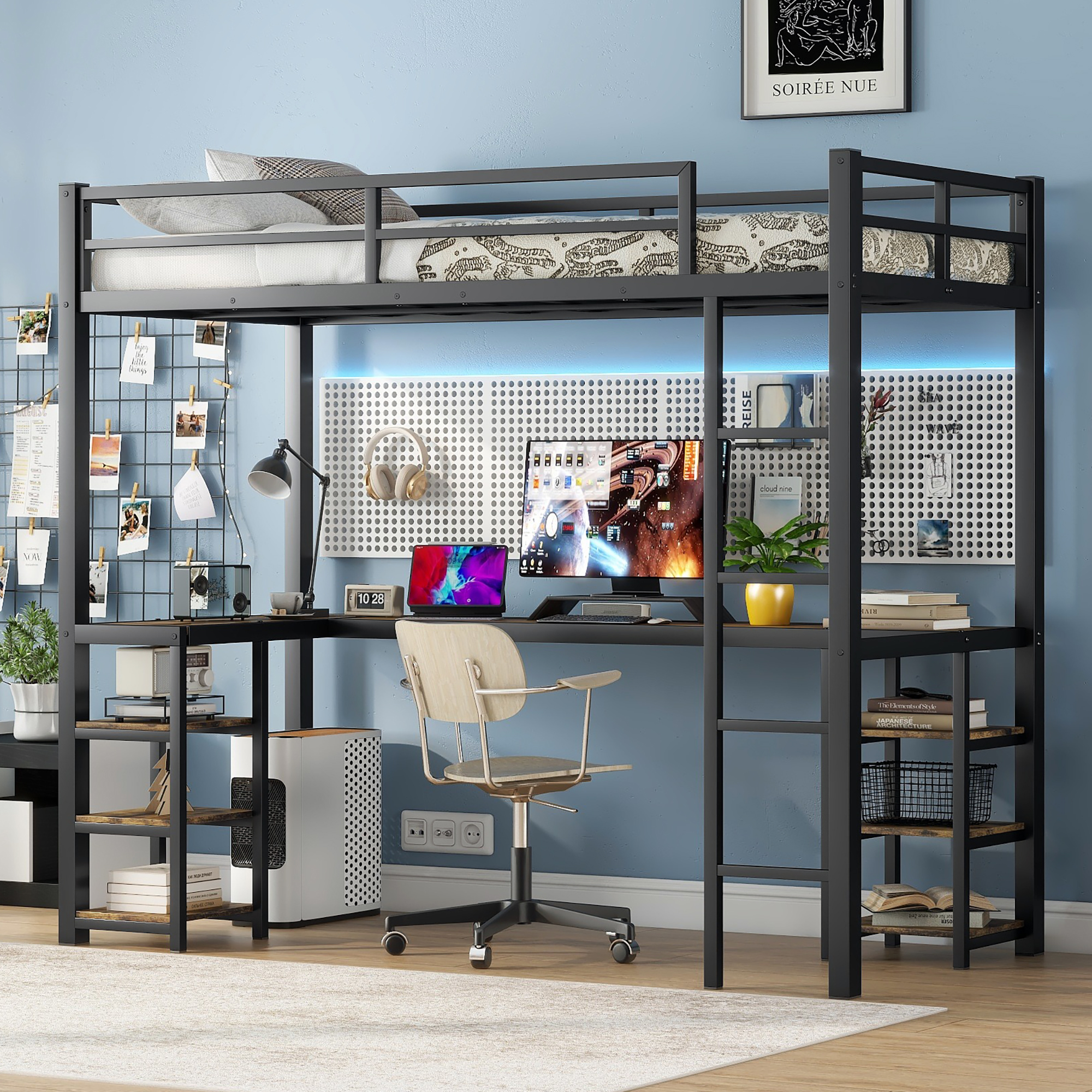 Twin Xl Metal Loft Bed With Desk, Shelves, Ladder And Guardrails