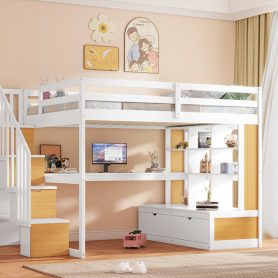 Full Size Loft Bed with Desk and Shelves, Two Built-in Drawers and Storage Staircase