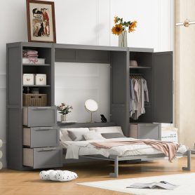 Queen Size Murphy Bed Wall Bed with Closet, Drawers and Shelves