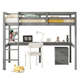 Twin Loft Wood Bed with Under-bed, Built-in Desk, a Storage Cabinet of 2 Drawers, Guardrails, Ladder