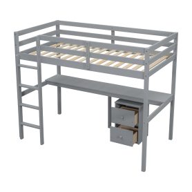 Twin Loft Wood Bed with Under-bed, Built-in Desk, a Storage Cabinet of 2 Drawers, Guardrails, Ladder