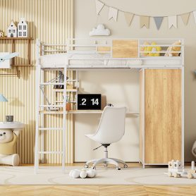 Metal Twin Size Loft Bed With L-shape Desk And Wardrobe