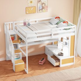 Full Size Loft Bed with Desk and Shelves, Two Built-in Drawers and Storage Staircase
