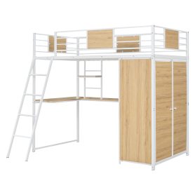 Metal Twin Size Loft Bed With L-shape Desk And Wardrobe