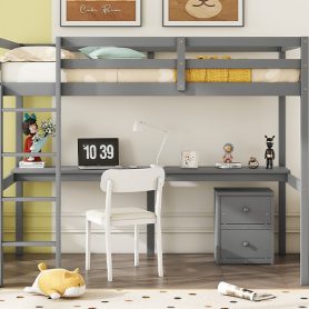 Twin Loft Wood Bed with Under-bed, Built-in Desk, a Storage Cabinet of 2 Drawers, Guardrails, Ladder