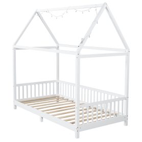 Wood Twin Size House Bed with Guardrail and LED
