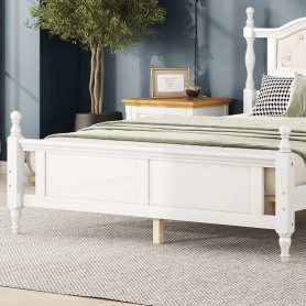 Queen Pine Platform Bed With Upholstered Headboard And Panel Footboard