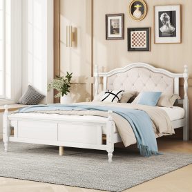 Queen Pine Platform Bed With Upholstered Headboard And Panel Footboard
