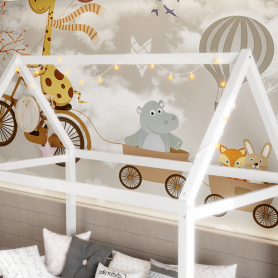 Wood Twin Size House Bed with Guardrail and LED