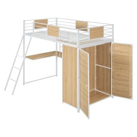 Metal Twin Size Loft Bed With L-shape Desk And Wardrobe
