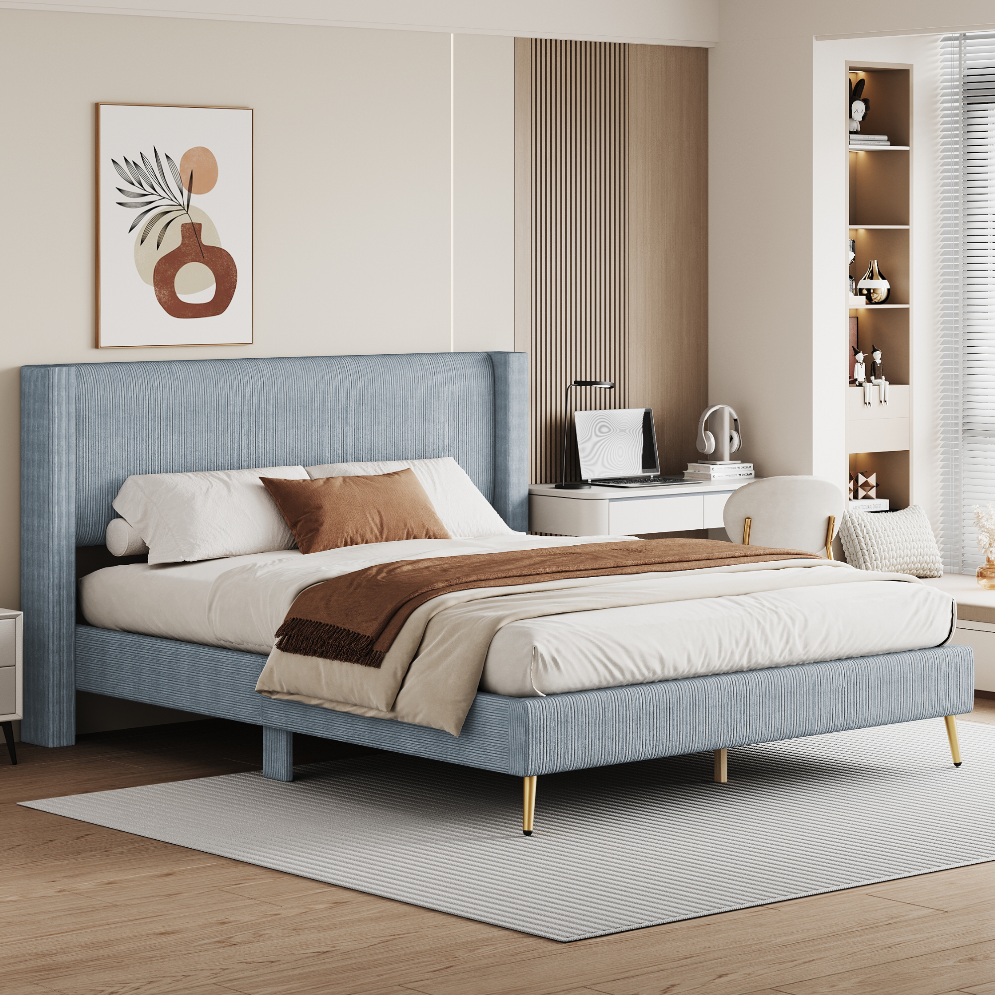 Queen Size Corduroy Platform Bed With Metal Legs