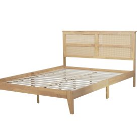 Queen Size Rubber Wooden Bed With Rattan Headboard