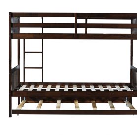 Twin Over Twin Rubber Wood Bunk Bed With Trundle, Ladder and Safety Guardrails