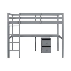 Twin Loft Wood Bed with Under-bed, Built-in Desk, a Storage Cabinet of 2 Drawers, Guardrails, Ladder