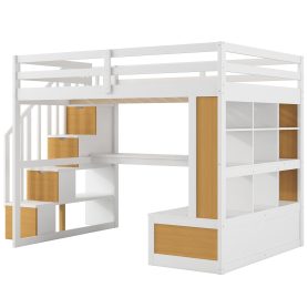 Full Size Loft Bed with Desk and Shelves, Two Built-in Drawers and Storage Staircase
