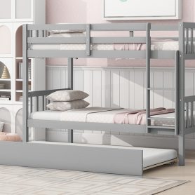 Twin Over Twin Rubber Wood Bunk Bed With Trundle, Ladder and Safety Guardrails, Convertible Into 2 Twin Size Beds