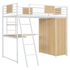 Metal Twin Size Loft Bed With L-shape Desk And Wardrobe