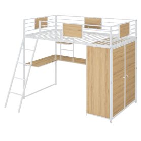Metal Twin Size Loft Bed With L-shape Desk And Wardrobe